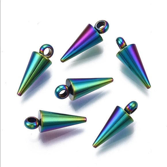 Iridescent rainbow Swarovski circle charms + dangly green purple spikes earrings - Picture 10 of 16